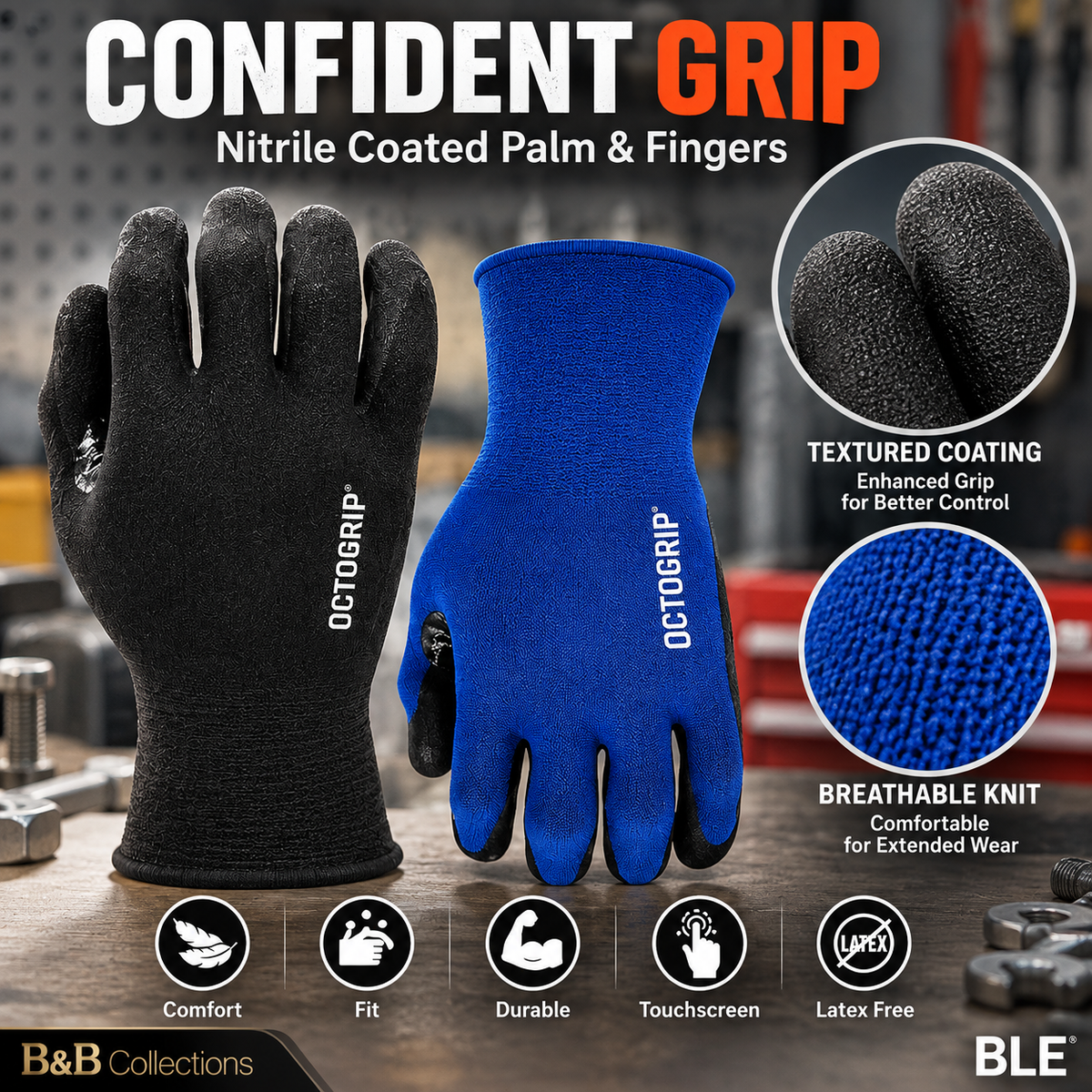 Octogrip Nitrile Coated Work Gloves, 18 Gauge Breathable Touchscreen Work Gloves, Size Large, 6 Pairs