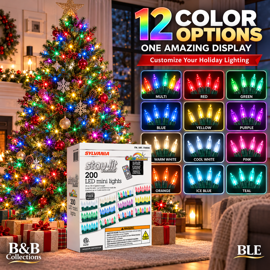 SYLVANIA Stay-Lit Platinum ColorAction 200 LED Mini String Lights, 12 Color Options, 8 Lighting Effects, Remote Control, Indoor/Outdoor, 66 ft
