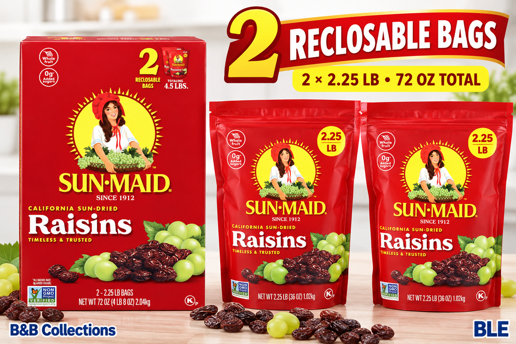 Sun-Maid California Sun-Dried Raisins, Whole Fruit, 0g Added Sugars, Resealable Bags, 2.25 lb Each, 2 Count, 72 oz Total