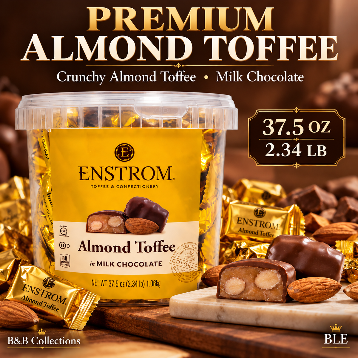 Enstrom Almond Toffee in Milk Chocolate, Individually Wrapped, 37.5 oz (2.34 lb / 1.06 kg) Tub