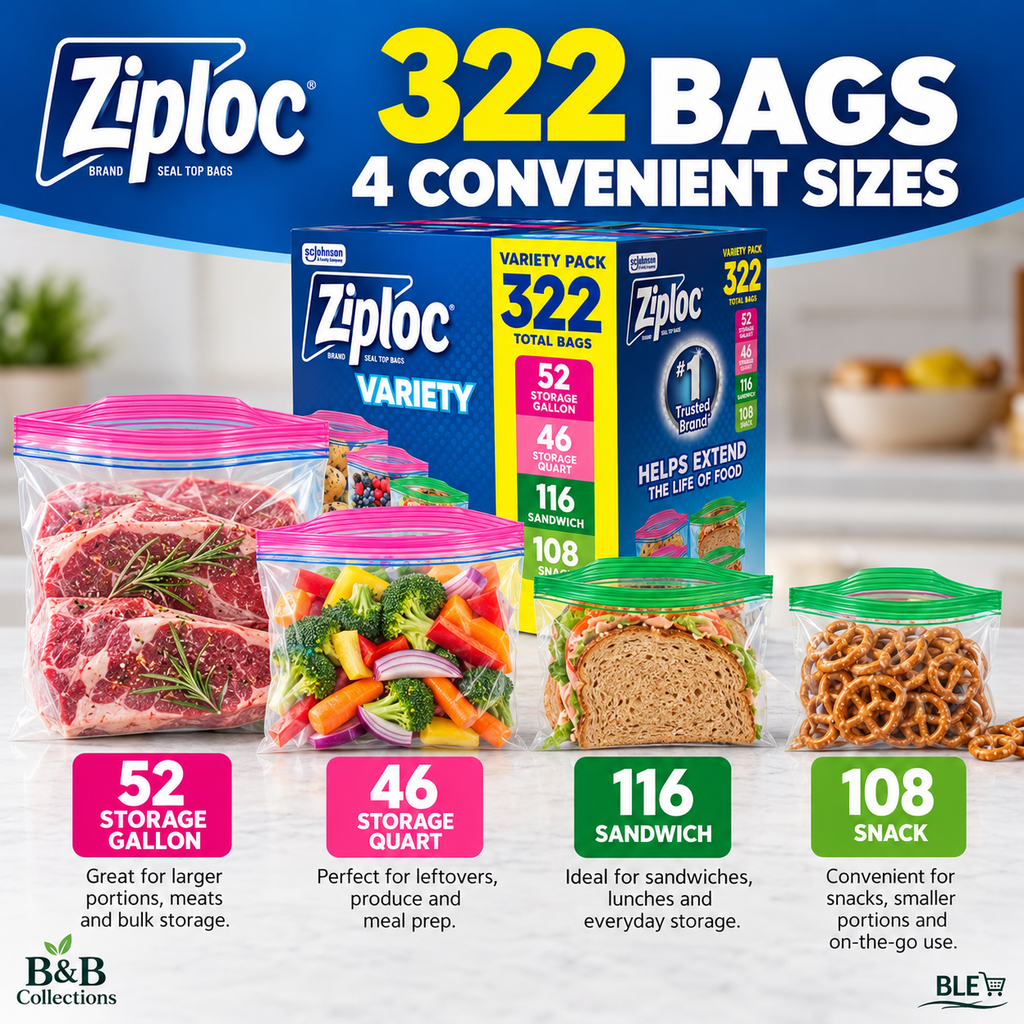 Ziploc Seal Top Food Storage Bags Variety Pack, 322 Count, Gallon, Quart, Sandwich & Snack Bags, Easy Open Tabs