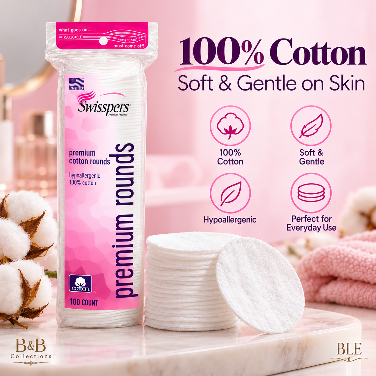 Swisspers Premium Cotton Rounds, 900 Count – 100% Cotton, Hypoallergenic Soft Cotton Pads for Makeup Removal, Facial Cleansing, Toner & Skincare, 9 Packs of 100