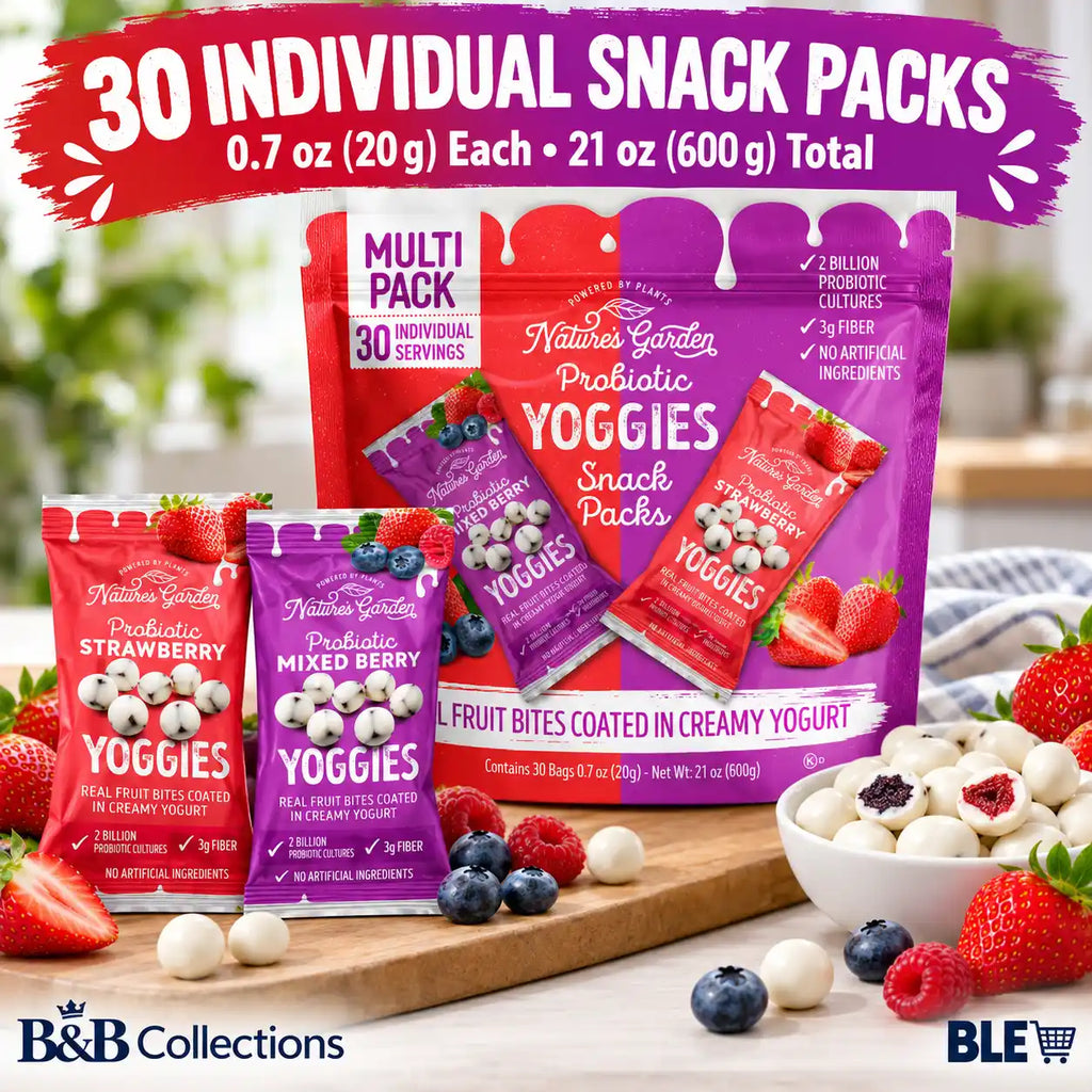 Nature’s Garden Probiotic Yoggies Snack Packs, Strawberry & Blueberry Yogurt-Coated Fruit Bites, 2 Billion Probiotic Cultures, 3g Fiber, 30 Individual Bags, 21 oz