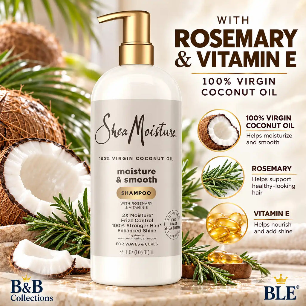 SheaMoisture 100% Virgin Coconut Oil Moisture & Smooth Shampoo with Rosemary & Vitamin E, For Waves & Curls, 34 fl oz (1 L)