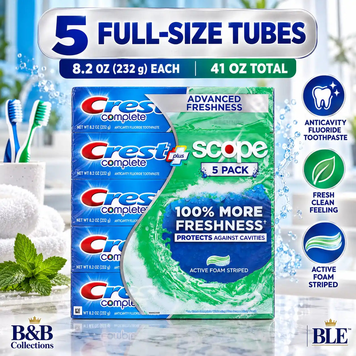 Crest Complete Plus Scope Advanced Freshness Anticavity Fluoride Toothpaste, Active Foam Striped, 8.2 oz Each, 5 Pack, 41 oz Total