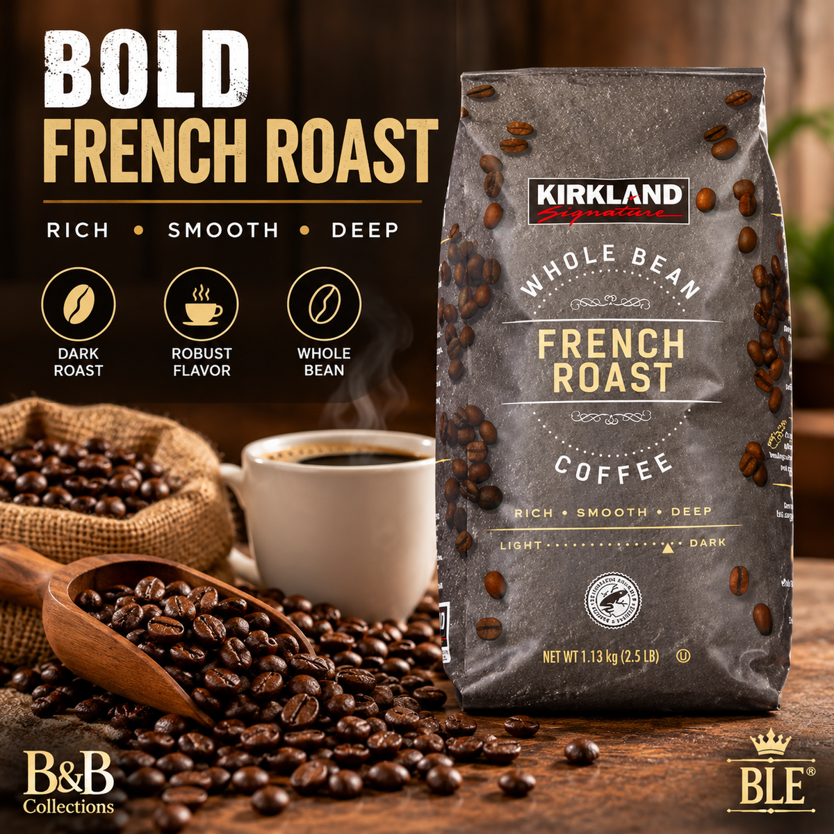 Kirkland Signature French Roast Whole Bean Coffee, Dark Roast, Rich & Smooth, 2.5 lb (40 oz)