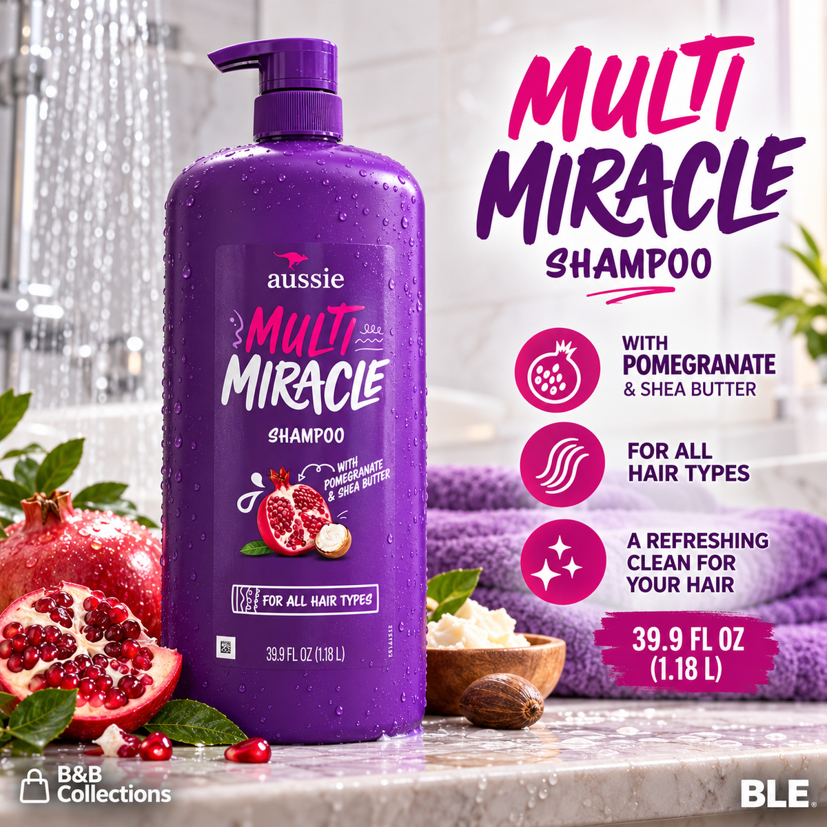 Aussie Multi Miracle Shampoo with Pomegranate & Shea Butter, For All Hair Types, 39.9 fl oz (1.18 L)