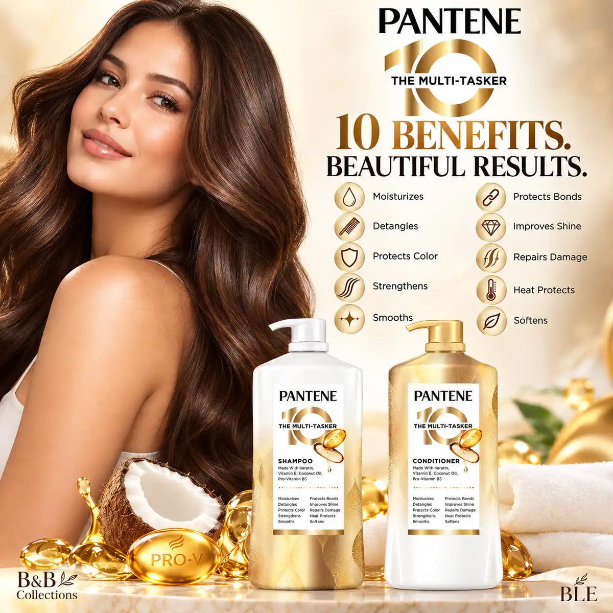 Pantene 10 The Multi-Tasker Shampoo & Conditioner Set, Keratin, Vitamin E, Coconut Oil & Pro-Vitamin B5, Moisturizing, Strengthening & Smoothing Hair Care, 2-Piece Set