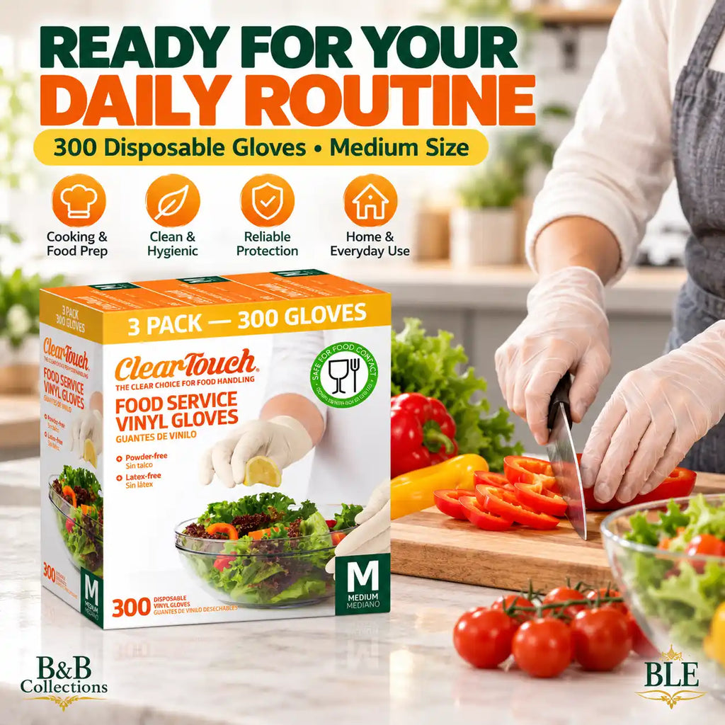 ClearTouch Food Service Vinyl Gloves, Medium Size, Powder-Free, Latex-Free, Disposable Gloves for Food Handling, Cooking, Cleaning & Everyday Use, 300 Count (3 Pack)