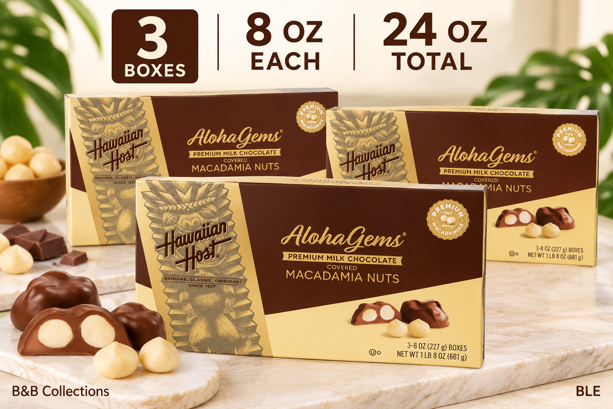 Hawaiian Host Aloha Gems Milk Chocolate Covered Macadamia Nuts, 8 oz Each, 3-Pack (24 oz Total), Premium Hawaiian Chocolate Candy, 42 Pieces