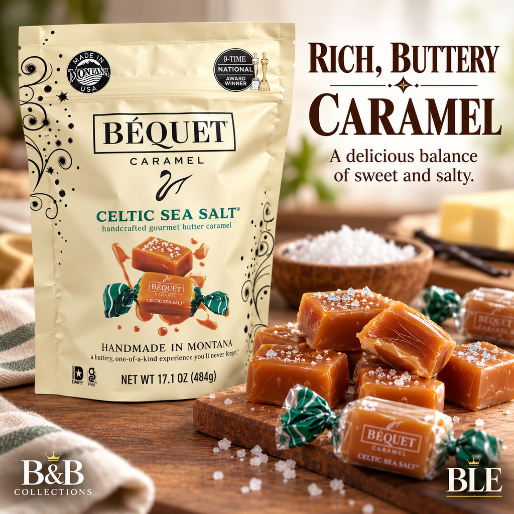 Béquet Caramel Celtic Sea Salt Gourmet Butter Caramels, Handcrafted Soft Caramel Candy, Made in Montana, 17.1 oz (484g)