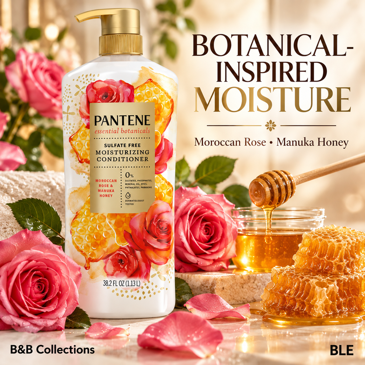 Pantene Essential Botanicals Moisturizing Conditioner with Moroccan Rose & Manuka Honey, Sulfate Free, 38.2 fl oz