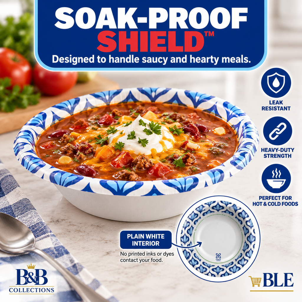 Dixie Ultra 20 oz Disposable Paper Bowls, Heavy-Duty, Soak-Proof, Microwave-Safe, Cut-Resistant, Blue & White Design, 135 Count