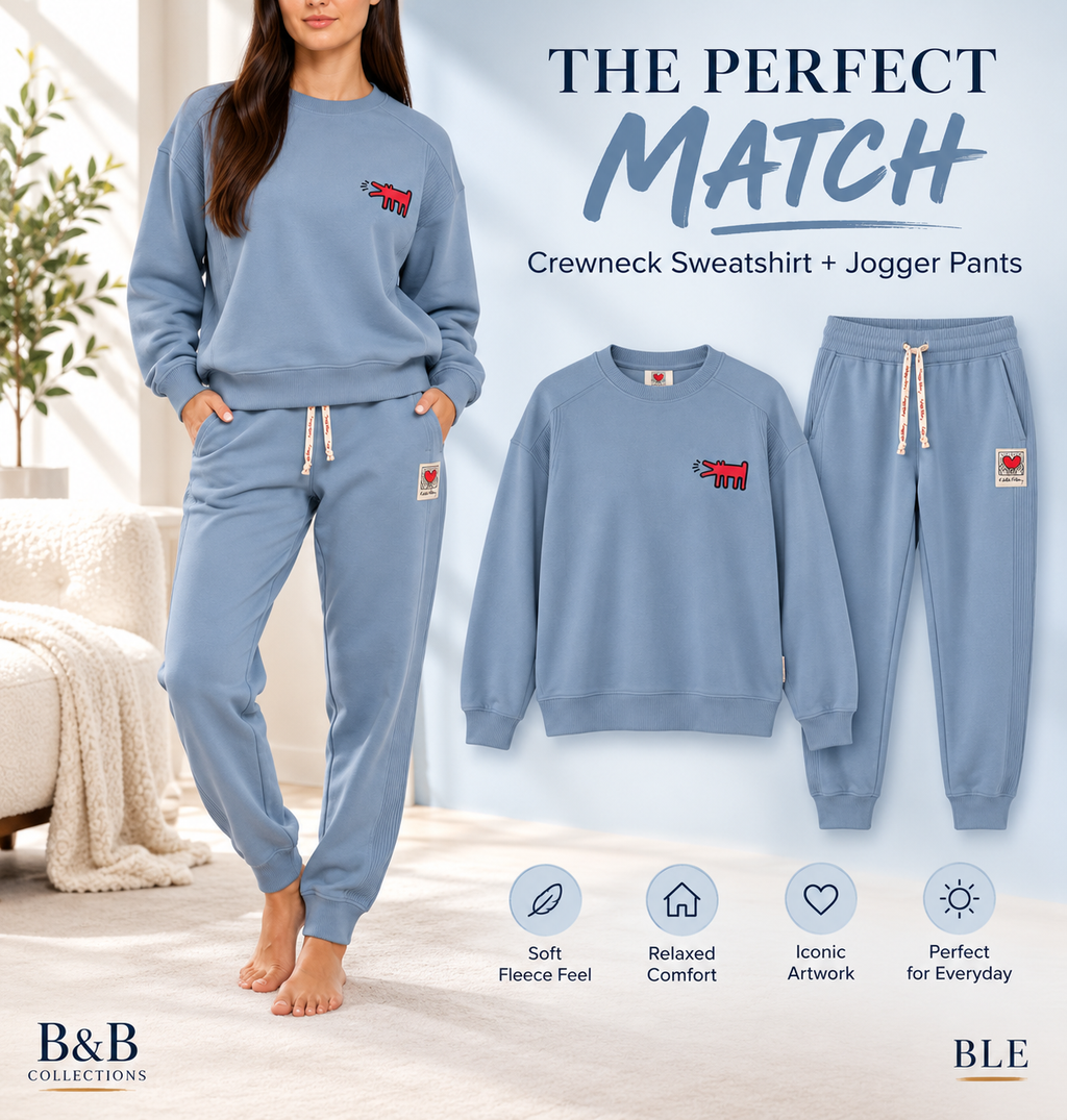 Keith Haring Women's 2-Piece Crewneck Sweatshirt & Jogger Fleece Lounge Set, Blue, Large