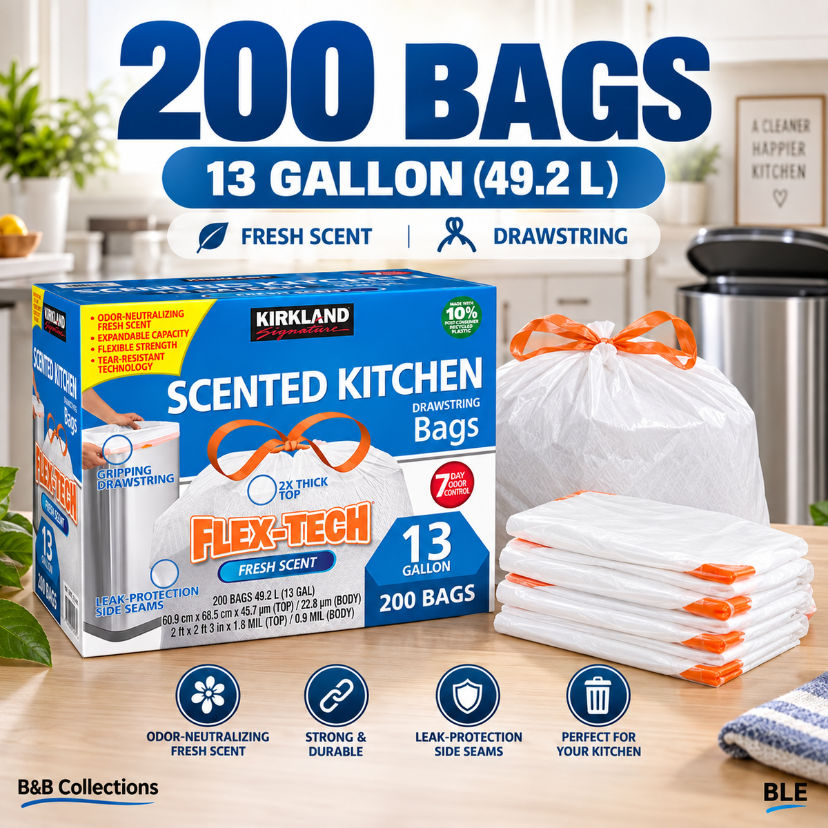 Kirkland Signature Flex-Tech Scented Kitchen Trash Bags, 13 Gallon, Fresh Scent, Drawstring, 200 Count