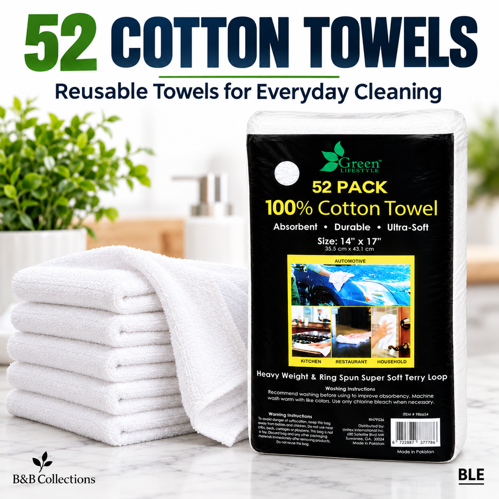 Green Lifestyle 100% Cotton Terry Towels, 52 Pack, 14" x 17", Absorbent Heavyweight Reusable Cleaning Towels, White