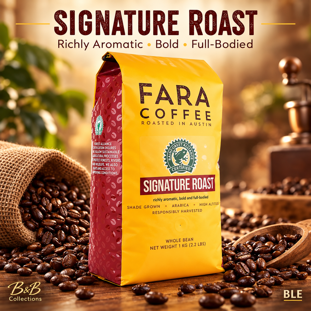 Fara Coffee Signature Roast Whole Bean Coffee, Rainforest Alliance Certified, Shade Grown Arabica, 2.2 lb (1 kg) Bag