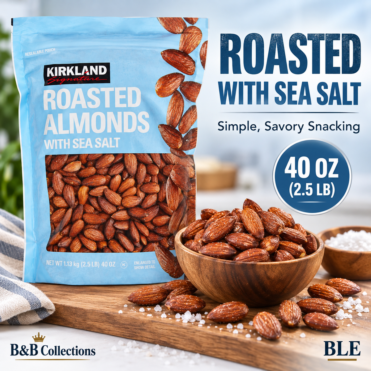 Kirkland Signature Roasted Almonds with Sea Salt, Resealable Pouch, 40 oz (2.5 lb)