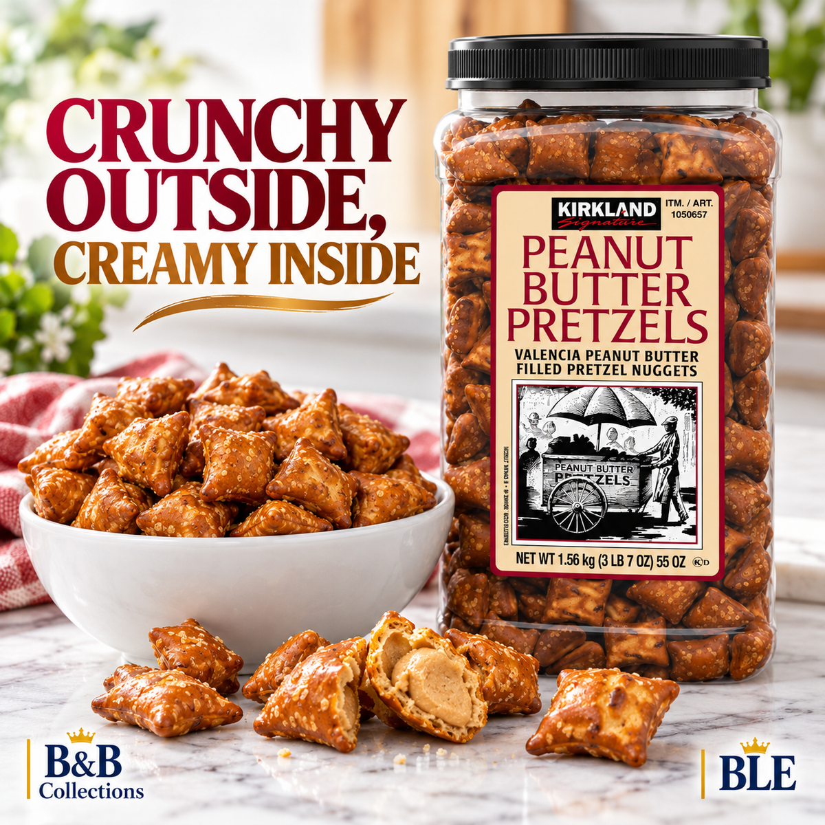 Kirkland Signature Peanut Butter Filled Pretzel Nuggets, Crunchy Salted Pretzel Snacks with Creamy Peanut Butter Filling, 55 oz Jar