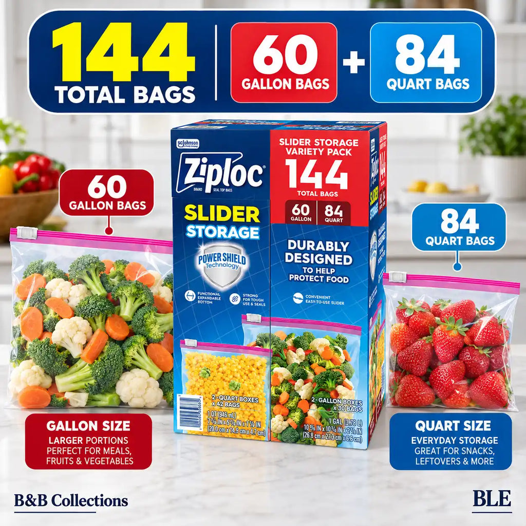 Ziploc Slider Storage Bags Variety Pack, Power Shield Technology, Gallon & Quart Sizes, 144 Total Bags (60 Gallon + 84 Quart)