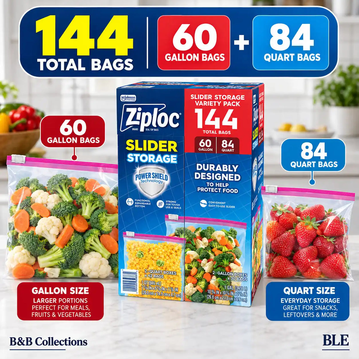 Ziploc Slider Storage Bags Variety Pack, Power Shield Technology, Gallon & Quart Sizes, 144 Total Bags (60 Gallon + 84 Quart)