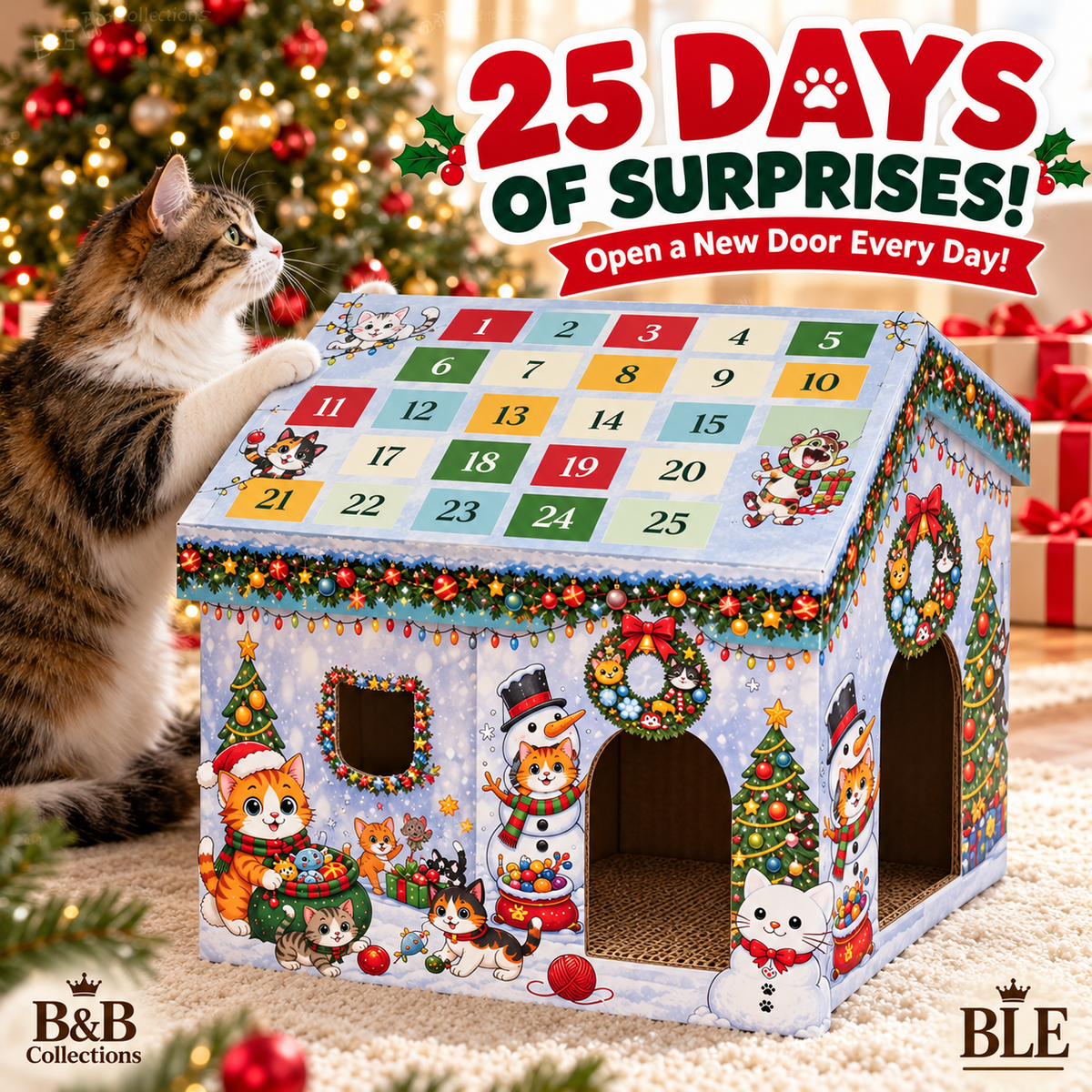 Catmas Countdown Cabin 25-Day Cat Advent Calendar, Christmas Cat House with 13 Toys, 12 Treats & Scratcher Pad, Holiday Countdown Gift for Cats