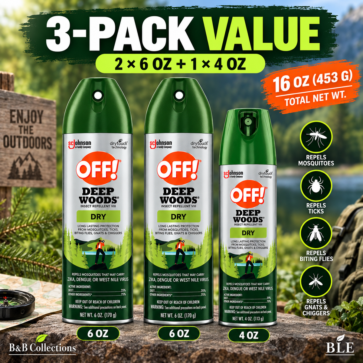 OFF! Deep Woods Dry Insect Repellent VIII, 3-Pack Value, 2 × 6 oz + 1 × 4 oz, Up to 8 Hours Mosquito Protection