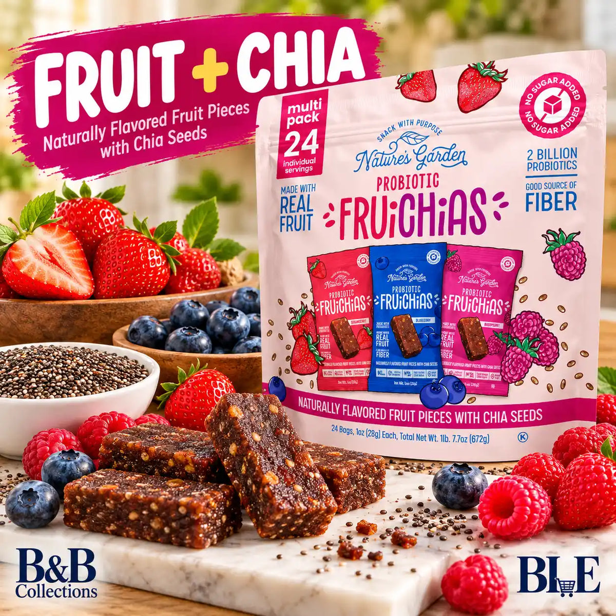 Nature’s Garden Probiotic FruiChias Fruit & Chia Snacks, Strawberry, Blueberry & Raspberry, No Sugar Added, 1 oz Bags, 24 Count, 24 oz Total
