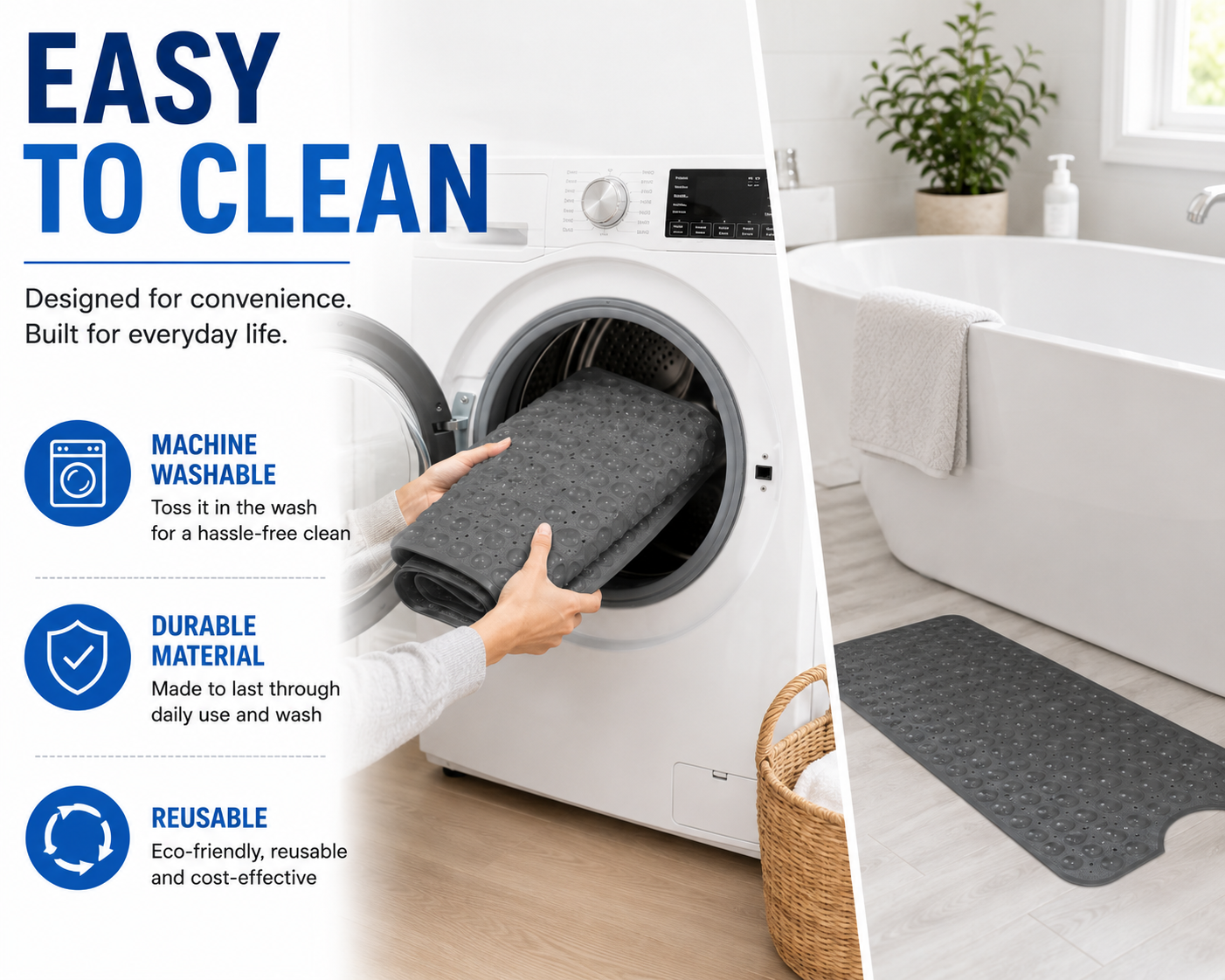 Extra Long Non-Slip Bathtub Mat 40 x 16 Inch, 200 Suction Cups, Fast Drain Holes, Machine Washable Shower Mat for Bathroom,