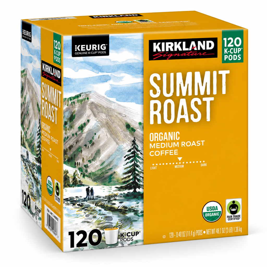 Kirkland Signature Summit Roast Organic Medium Roast Coffee, Keurig K-Cup Pods, USDA Organic, Fair Trade Certified, 120 Count
