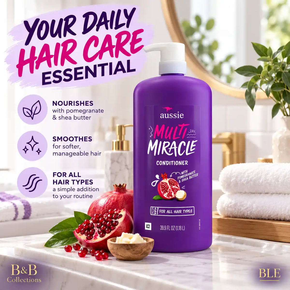Aussie Multi Miracle Conditioner with Pomegranate & Shea Butter, for All Hair Types, 39.9 fl oz (1.18 L), Pump Bottle