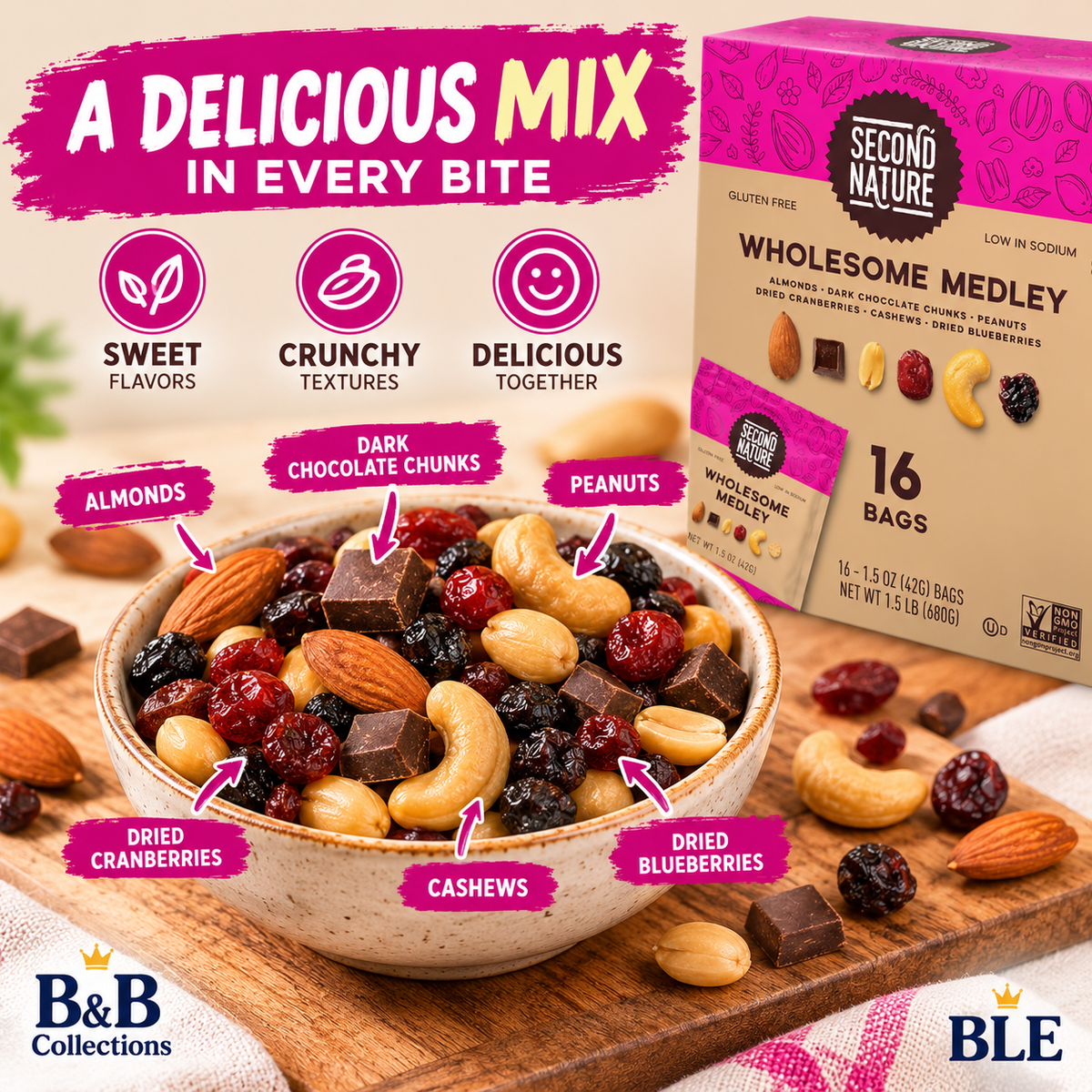 SECOND NATURE Wholesome Medley Trail Mix, Almonds, Cashews, Peanuts, Dried Fruit & Dark Chocolate, Gluten-Free, 1.5 oz Individual Bags, 16 Count