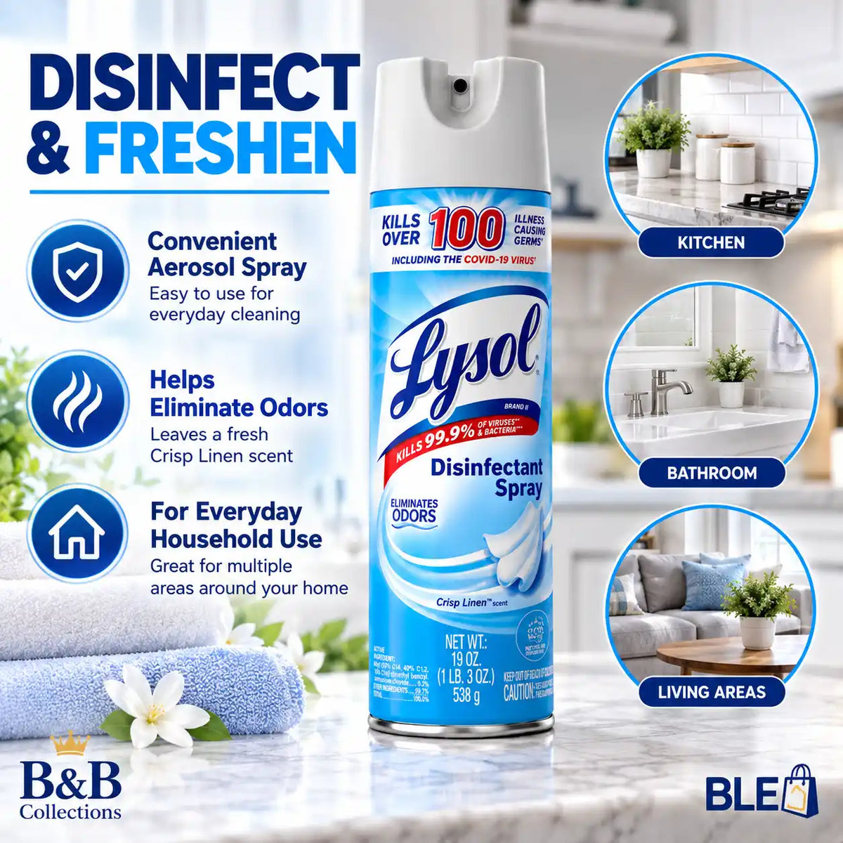 Lysol Disinfectant Spray, Crisp Linen Scent, Eliminates Odors, 19 oz (538 g)