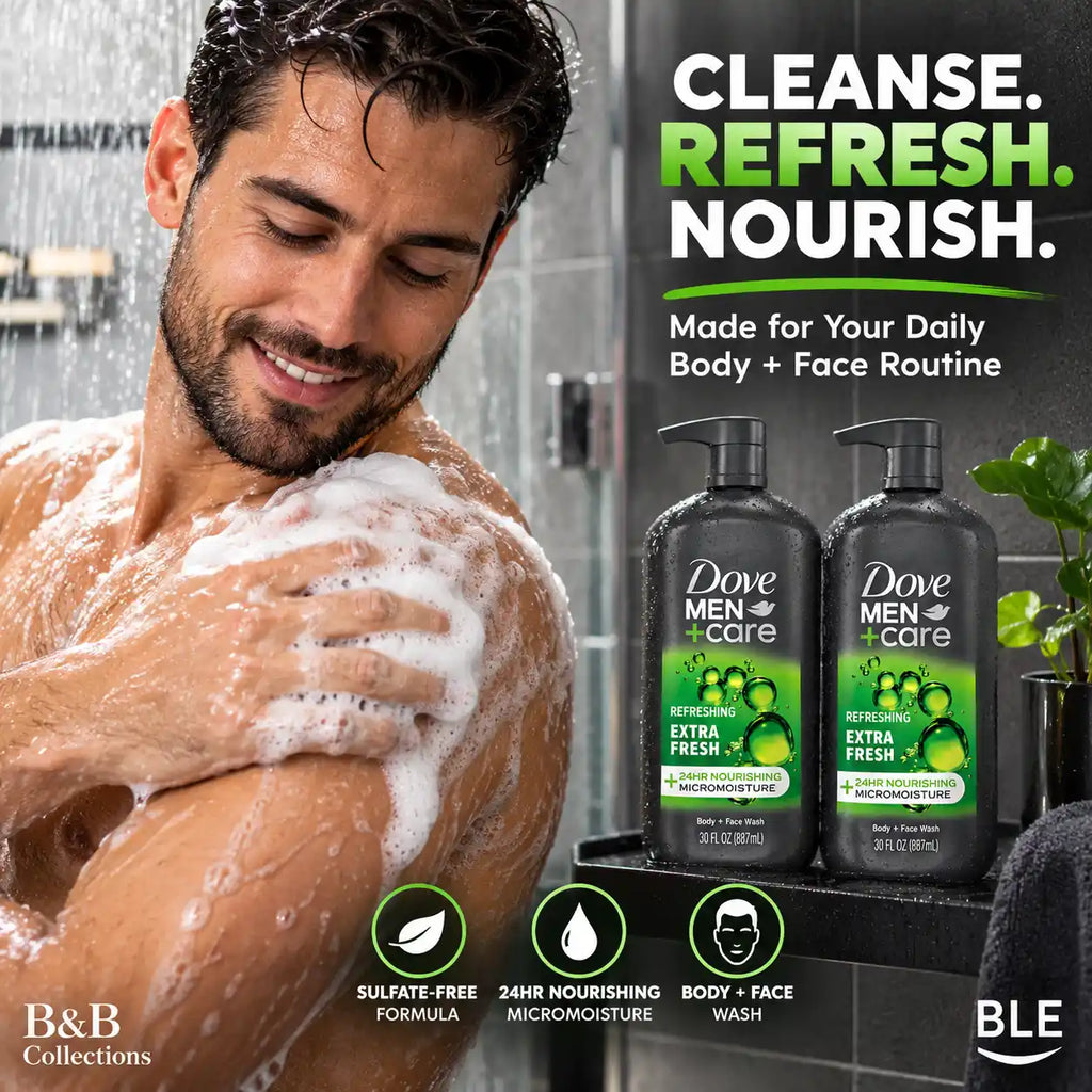 Dove Men+Care Extra Fresh Body & Face Wash, Sulfate-Free, 24HR Nourishing MicroMoisture, Refreshing Scent, 30 fl oz Each, 2-Pack (60 fl oz Total)