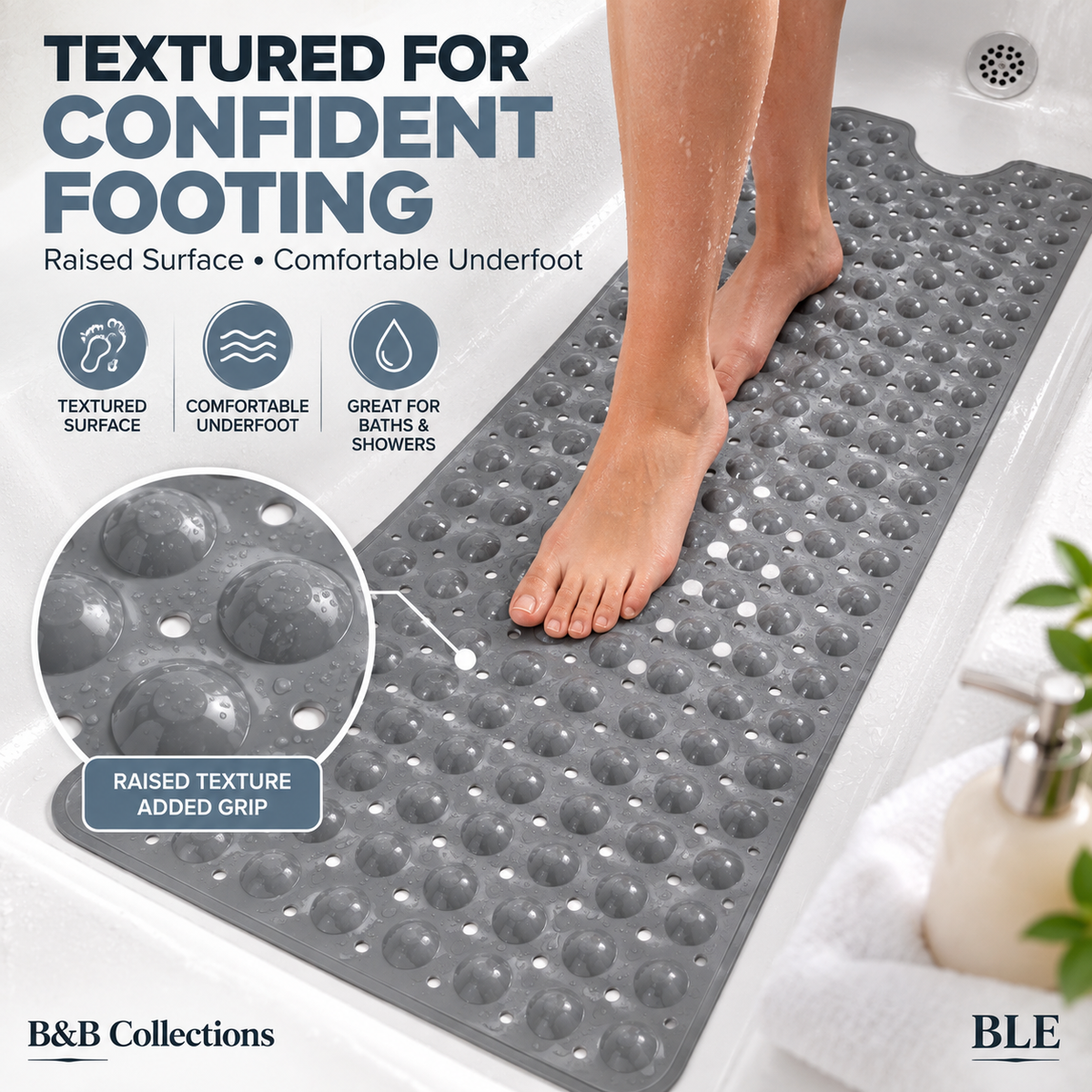 RCH Bath Tub Mat Non-Slip 40 x 16 Inch - Shower Mat for Bathtub with Suction Cups - Machine Washable (LIGHT GREY)