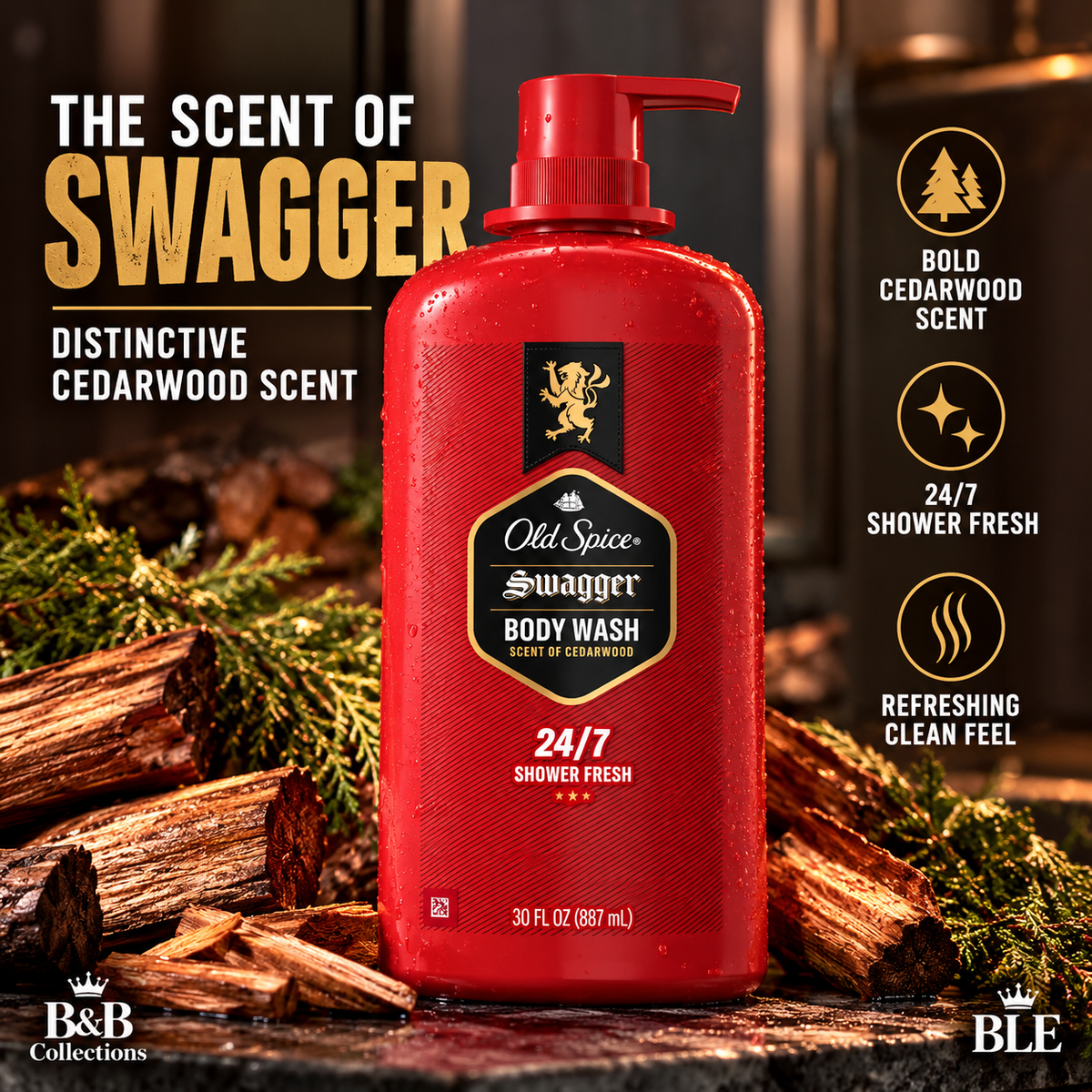 Old Spice Swagger Body Wash for Men, Cedarwood Scent, 24/7 Shower Fresh, 30 fl oz Each, 2 Pack (60 fl oz Total)
