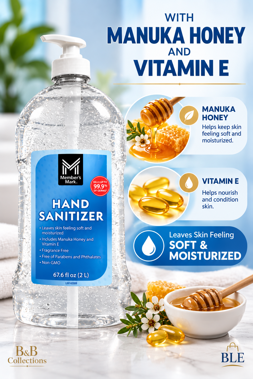 c, 67.6 fl oz (2 L) – Kills 99.9% of Germs, Fragrance-Free, with Manuka Honey & Vitamin E