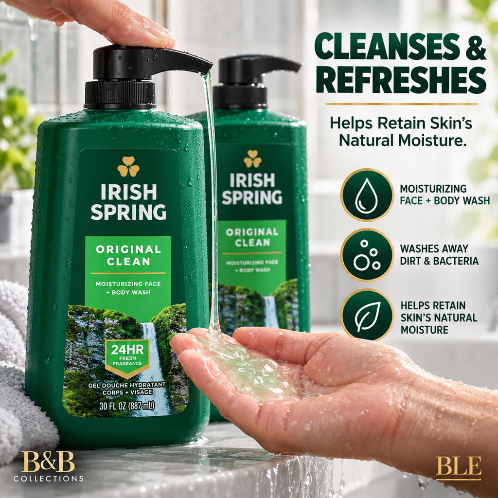 Irish Spring Original Clean Body Wash for Men, Moisturizing Face & Body Wash, 24-Hour Freshness, 30 fl oz Each (Pack of 2, 60 fl oz Total)