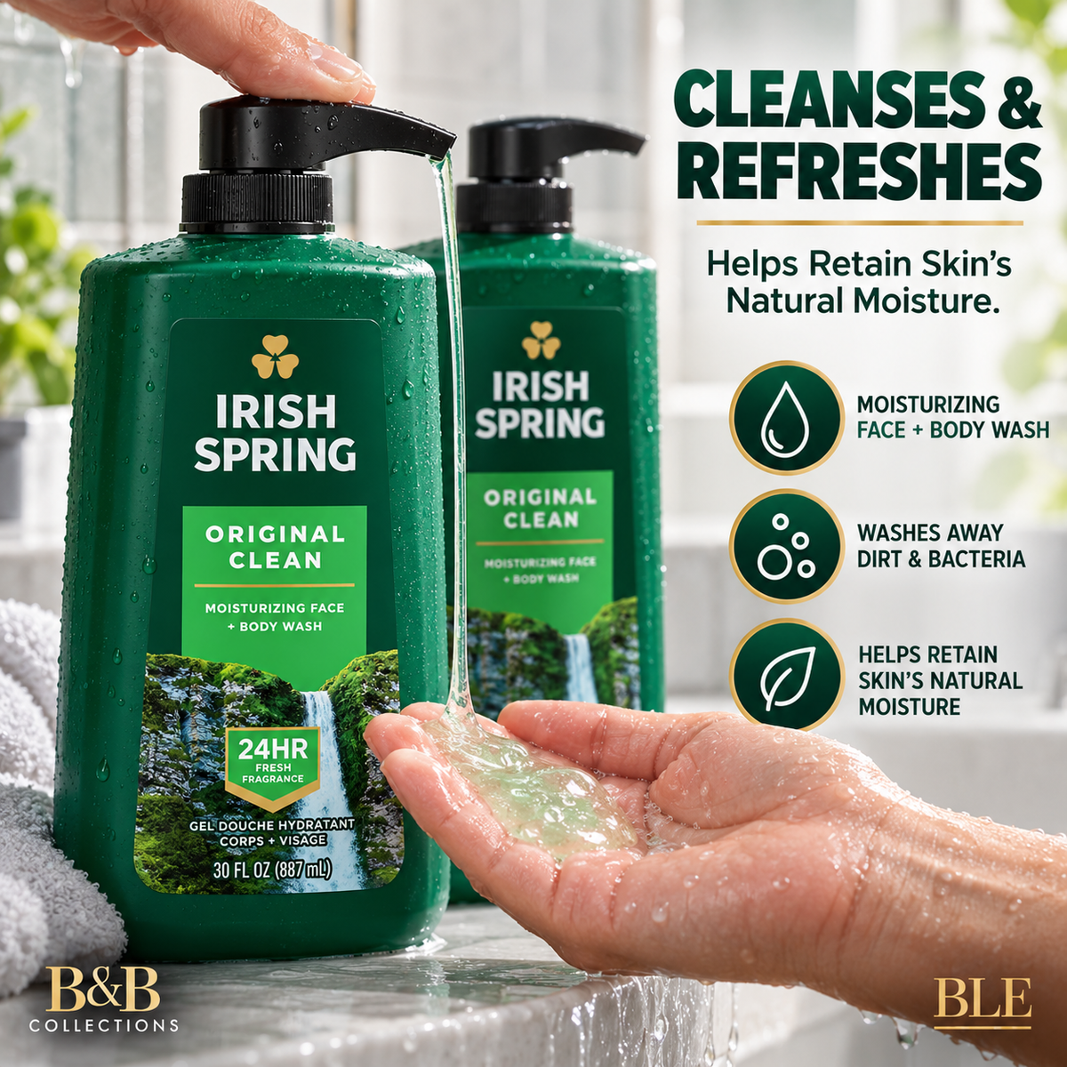 Irish Spring Original Clean Body Wash for Men, Moisturizing Face & Body Wash, 24-Hour Freshness, 30 fl oz Each (Pack of 2, 60 fl oz Total)