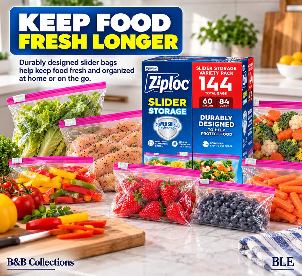 Ziploc Slider Storage Bags Variety Pack, Power Shield Technology, Gallon & Quart Sizes, 144 Total Bags (60 Gallon + 84 Quart)