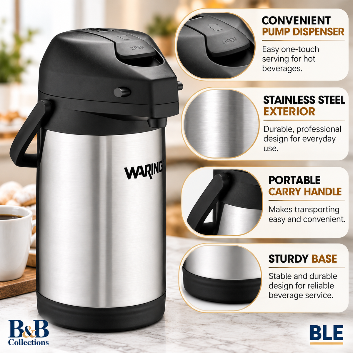 Waring Commercial WCA22 Stainless Steel Airpot, 2.2 Liter Insulated Beverage Dispenser with Pump Top, Silver & Black