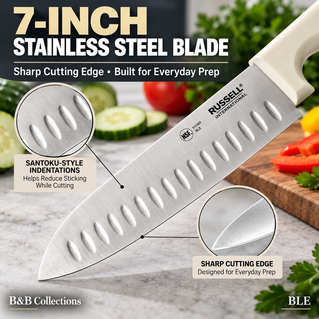 Russell International Santoku Kitchen Knives, 7 in Stainless Steel Blades, White Polypropylene Handles, 2-Pack