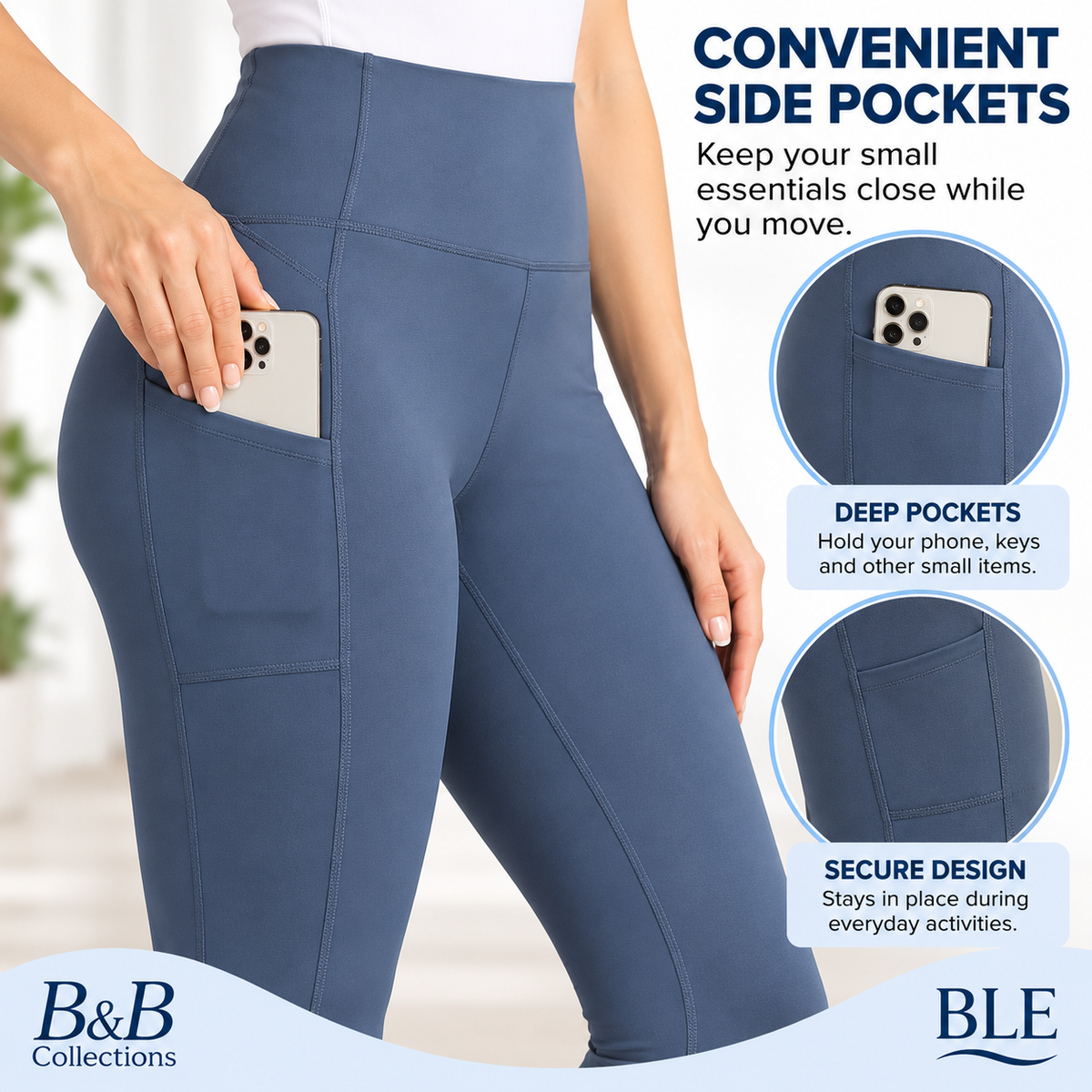 Danskin Women's Streamline Pocket Leggings, High-Waisted Activewear Pants, Light Navy Blue, XX-Large, Regular