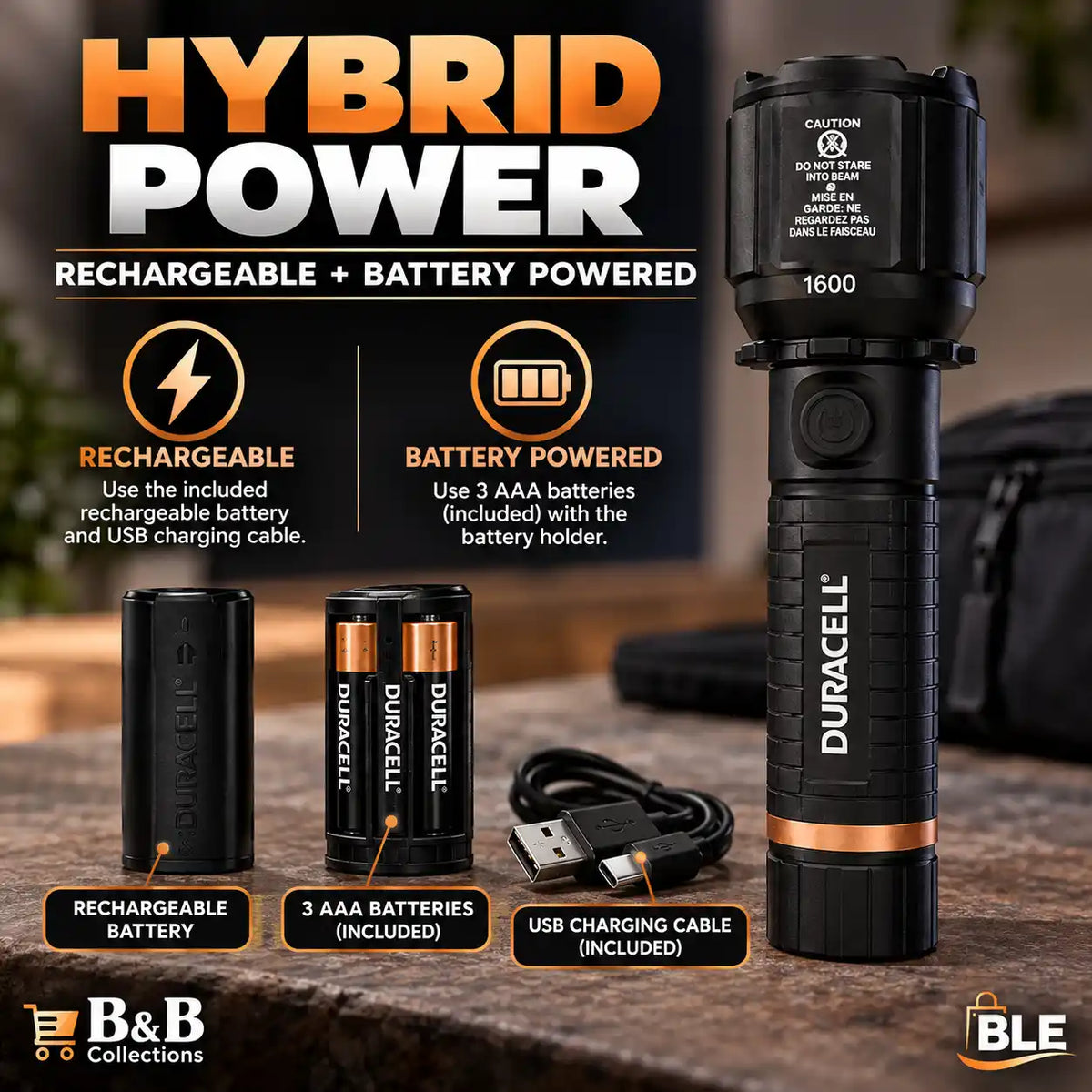 Duracell Hybrid LED Flashlights, 1600 Lumens, 400m Beam Distance, Rechargeable & Battery Powered, 3-Pack, Black