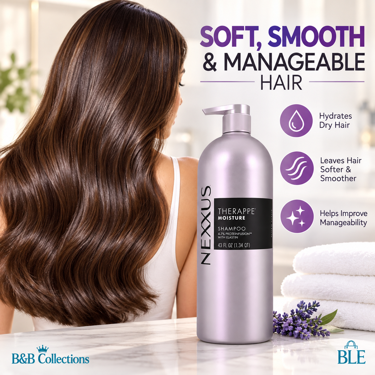 Nexxus Therappe Moisture Shampoo, 43 fl oz, Hydrating Shampoo for Dry Hair, Salon-Quality Hair Care, Pump Bottle