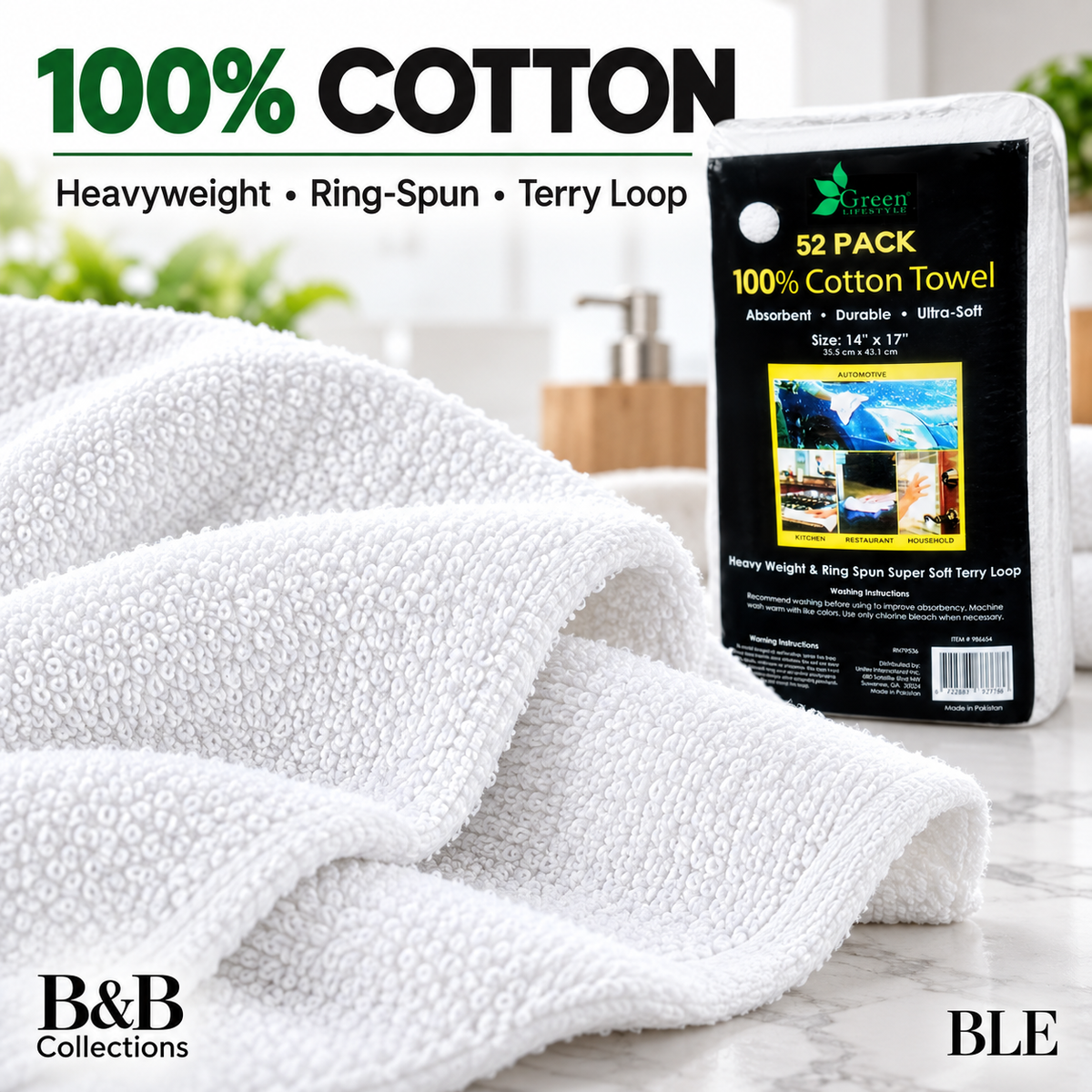 Green Lifestyle 100% Cotton Terry Towels, 52 Pack, 14" x 17", Absorbent Heavyweight Reusable Cleaning Towels, White