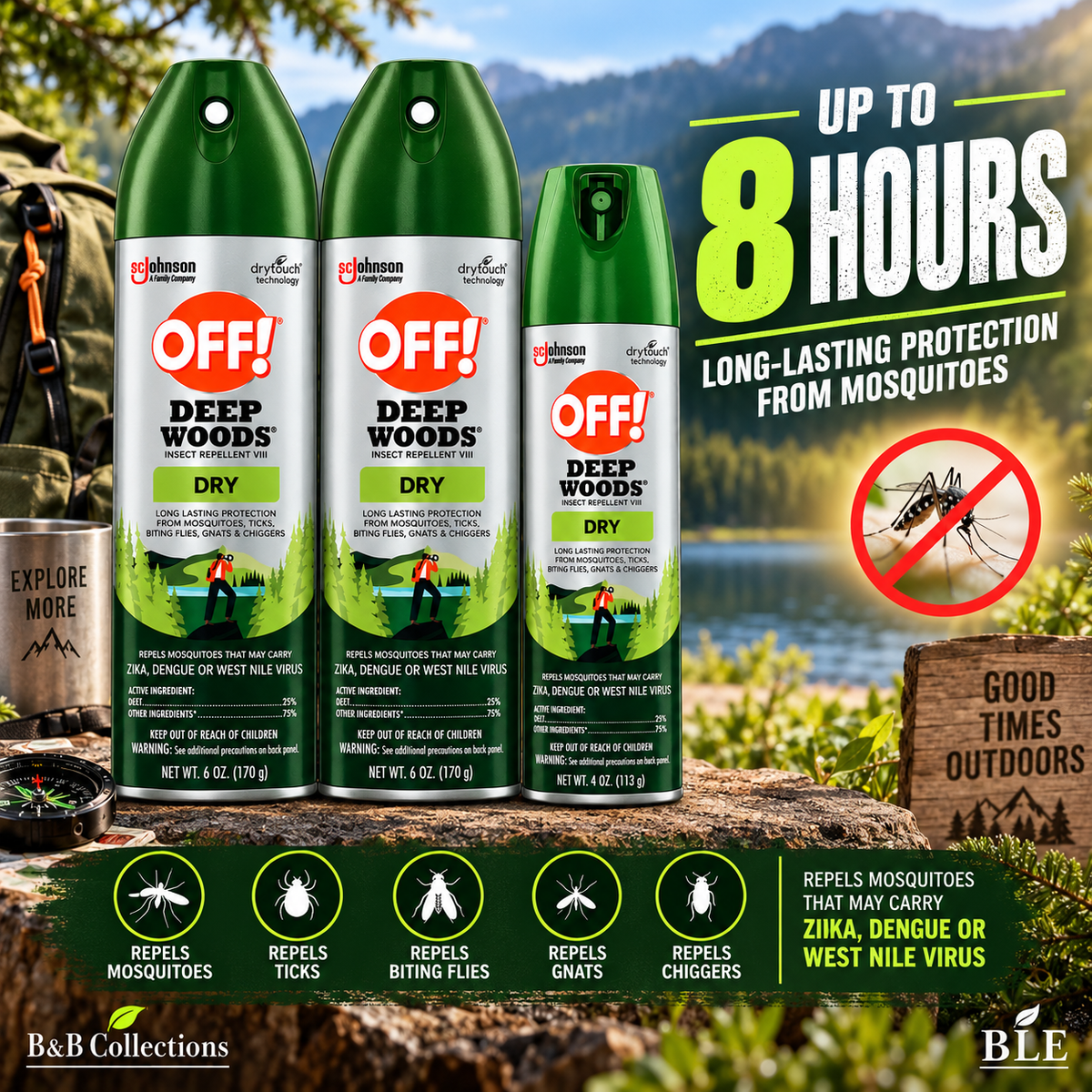 OFF! Deep Woods Dry Insect Repellent VIII, 3-Pack Value, 2 × 6 oz + 1 × 4 oz, Up to 8 Hours Mosquito Protection