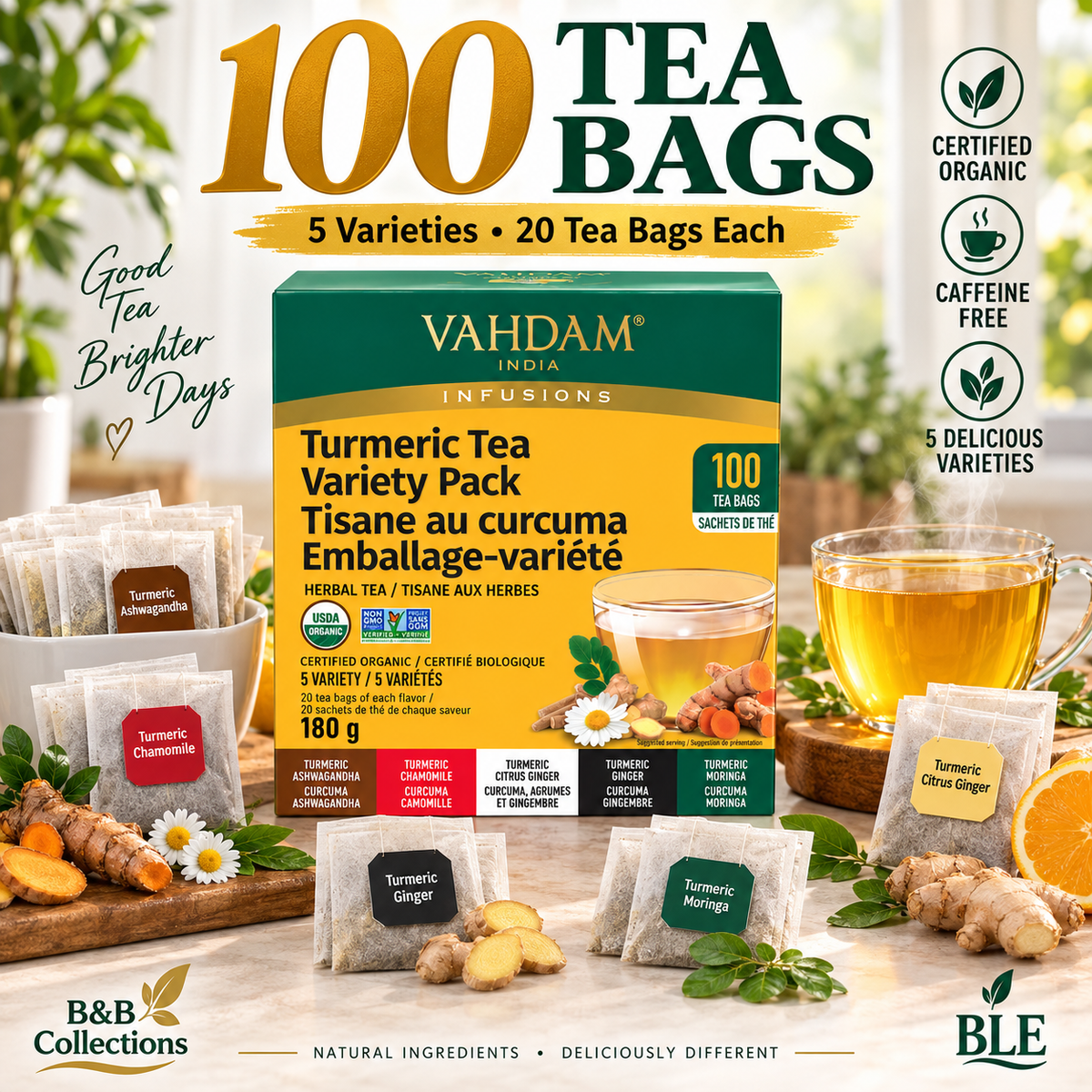 VAHDAM India Infusions Organic Turmeric Herbal Tea Variety Pack, Caffeine Free, 100 Tea Bags, 5 Varieties, 6.35 oz
