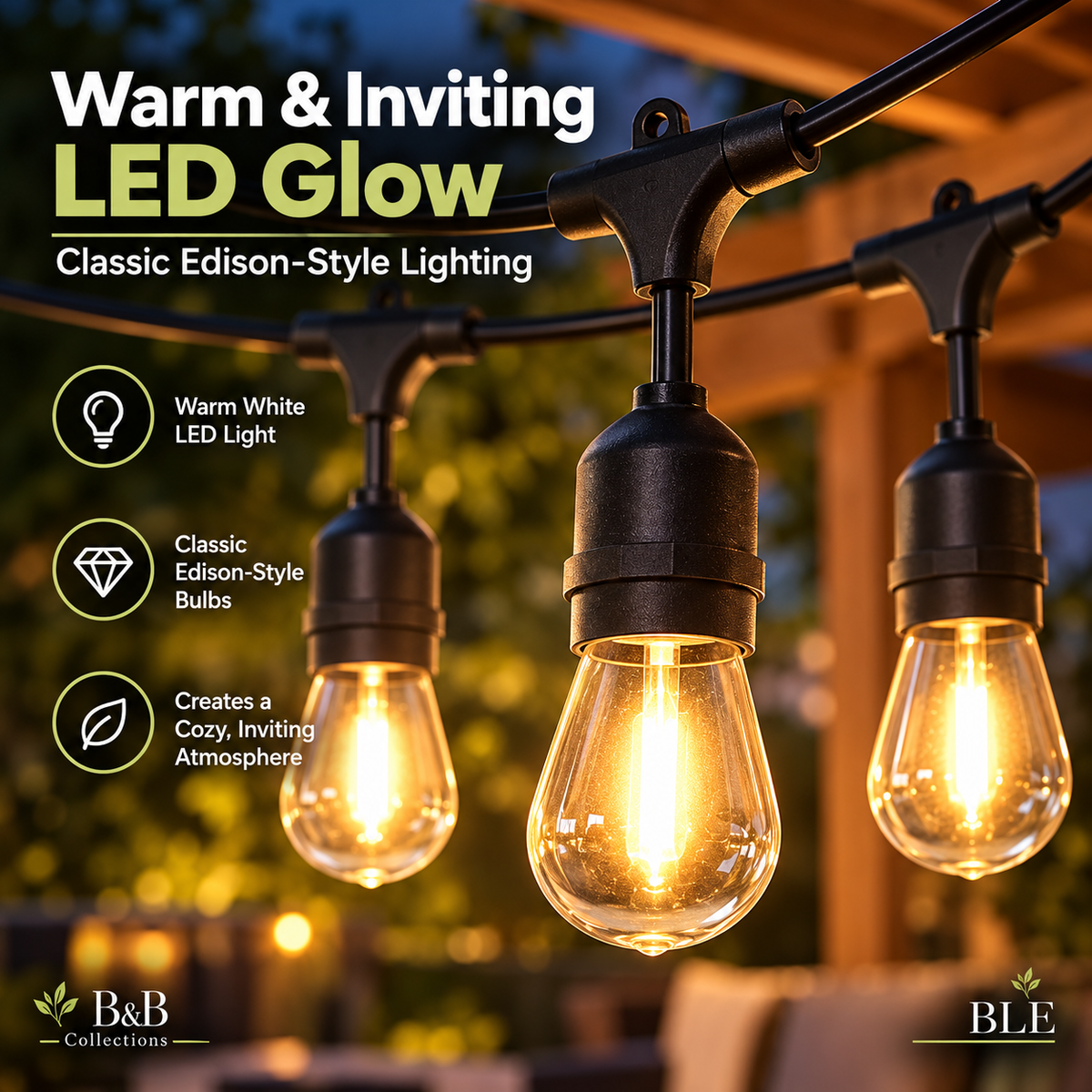Feit Electric 48 ft LED String Lights – Commercial Grade Outdoor Patio Lights, Warm White Edison-Style Bulbs, 24W, Black Cord