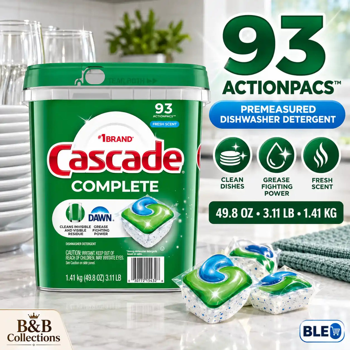 Cascade Complete ActionPacs Dishwasher Detergent with Dawn, Fresh Scent, 93 Count, 49.8 oz